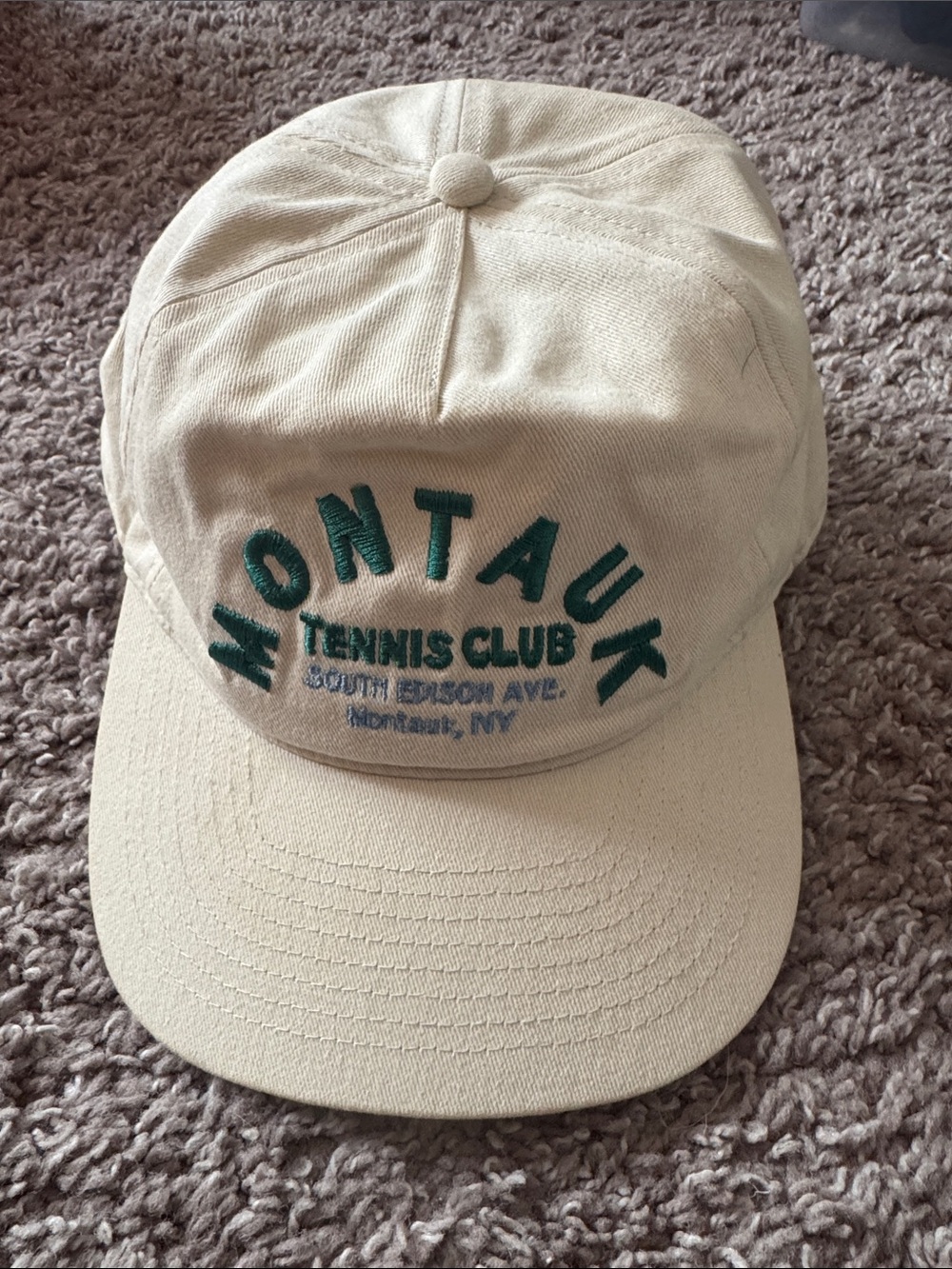 Anthropologie Cream Baseball Cap with Green Embroidery